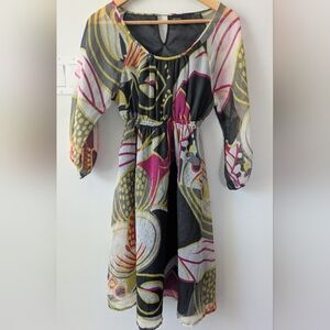 Pink and Yellow Midi Sundress with Bishop Sleeves for Wedding Guest